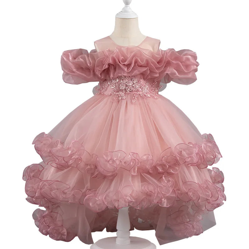 Luxury Off-Shoulder Girls' Dress - Convertible Tulle Ball Gown for Birthday Parties & On-Stage Events