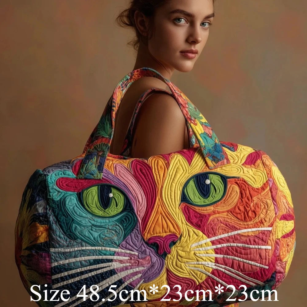 Cute 3D Quilted Cat Tote Bag Halloween Pumpkin Fall Leaves Floral Print Unique Travel Handbag Gift for Cat Lovers Shoulder Purse