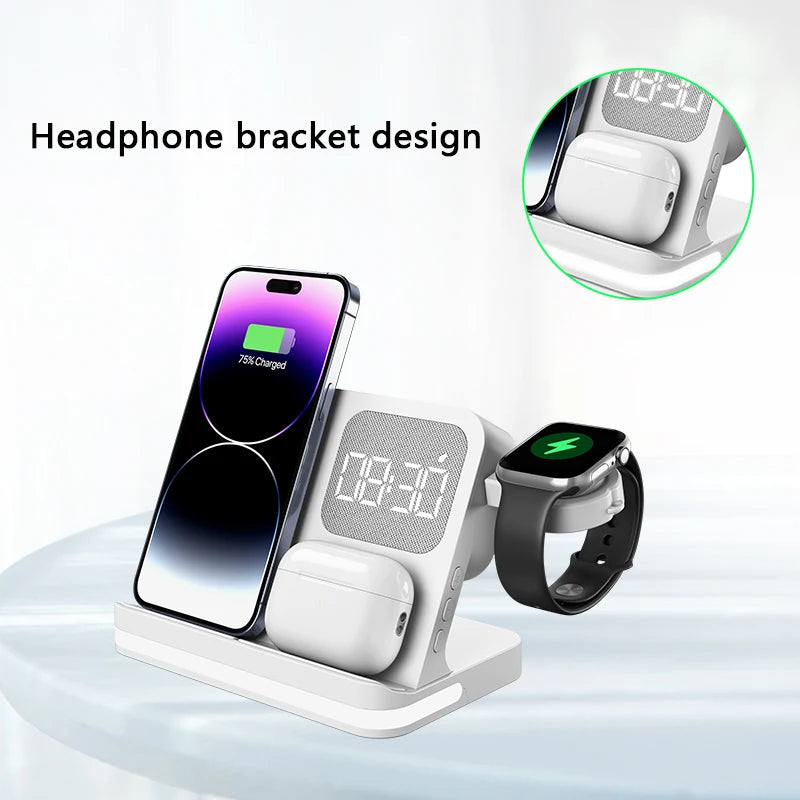 Four in one desktop clock wireless charger that can charge phones, headphones, and watches simultaneously