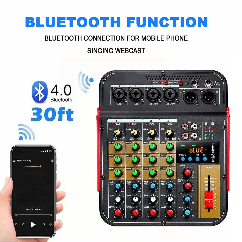6 Channel Audio Mixer with Bluetooth Reverb and 48V Phantom Power