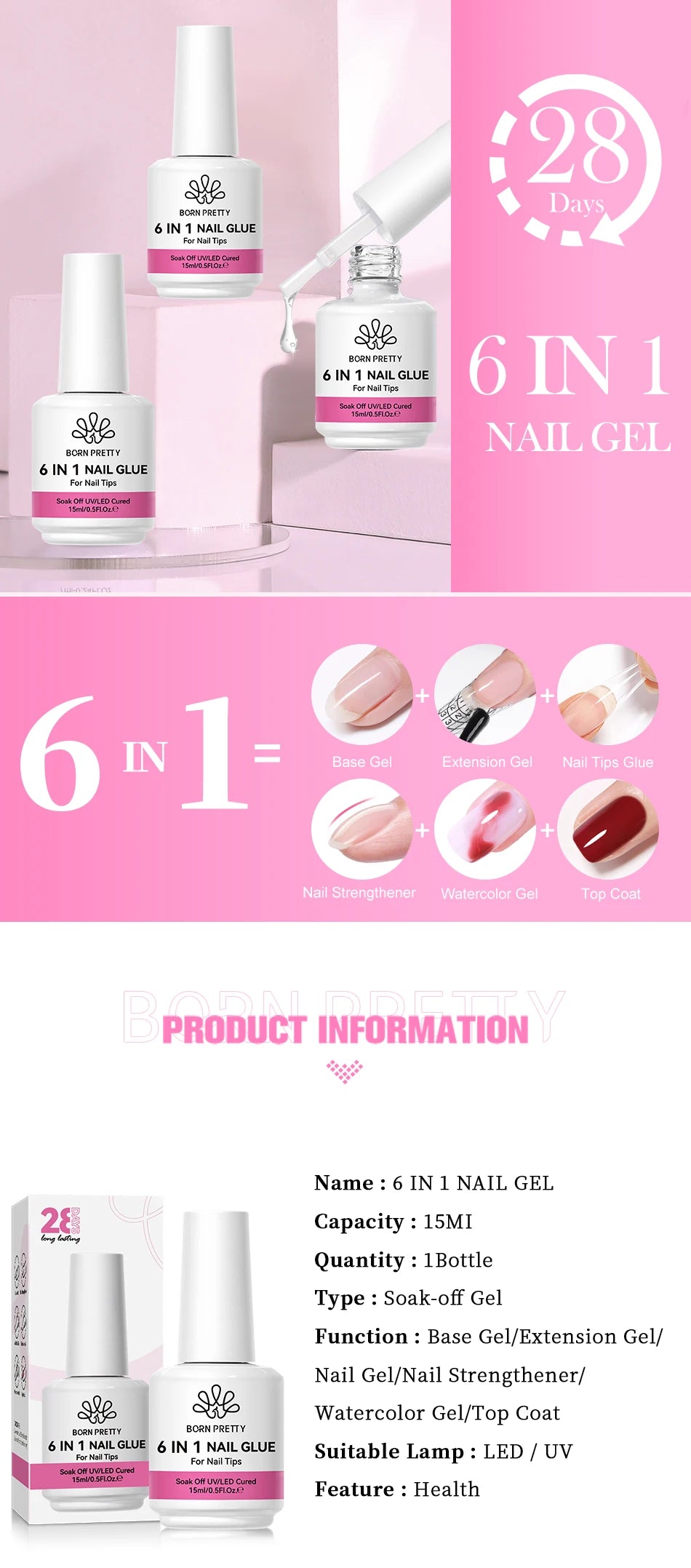 6 IN 1 Nail Glue Gel 15ML for Acrylic Nails Soak off Base Gel Top Coat UV Extension Nail Gel False Nail Tips Gel