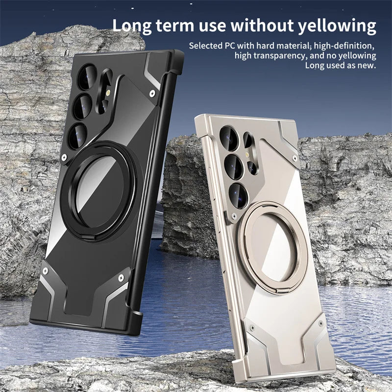 Luxury Metal 360 ° frameless Phone Case For Samsung S 24 23 Ultra Transparent Rotating Bracket Anti Drop Airbag Phone Case