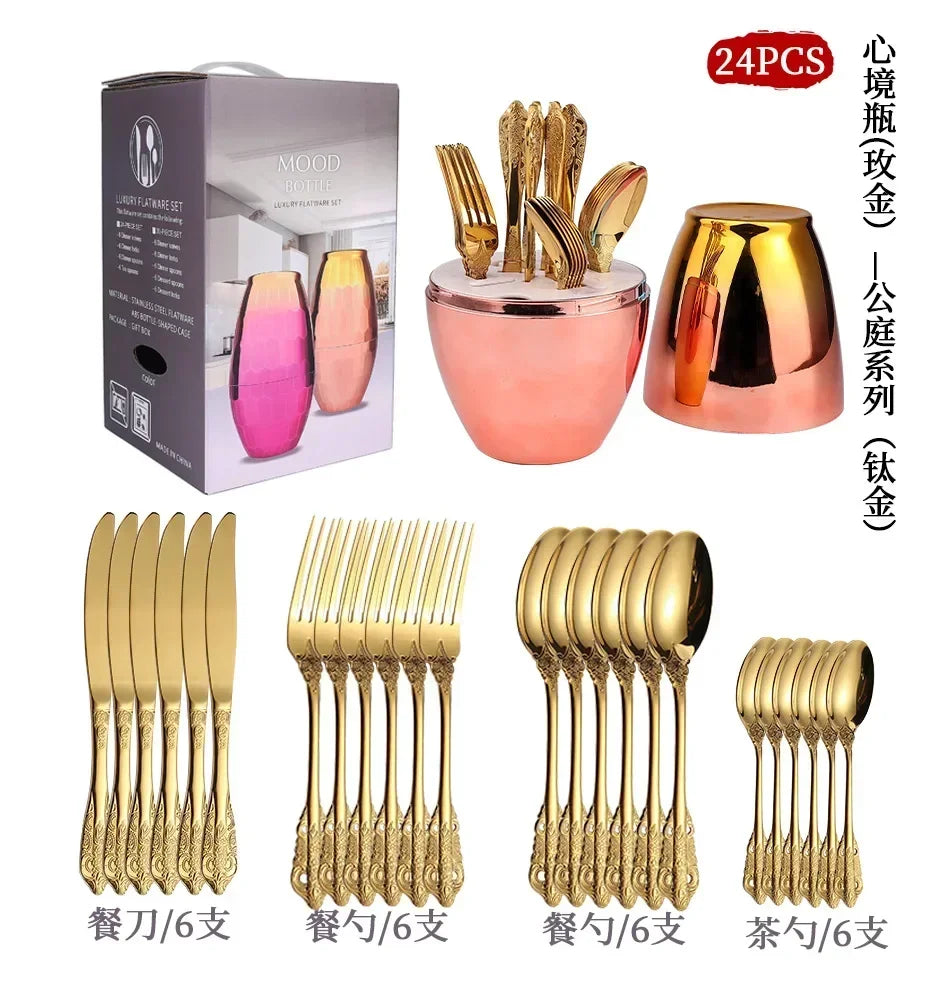 Luxury Spoon and Fork Set Stainless Steel Gold Cutlery Set Food Grade Upscale Royal Tableware European Steak Knife Kitchen Items