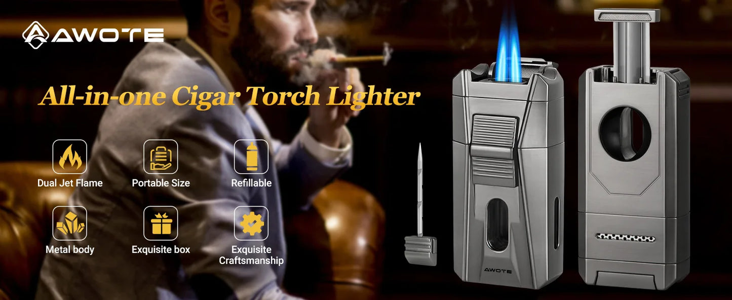 Cigar Lighter with Double Jet Flame, Refillable Cigar Torch Lighter with Cigar Holder, V-Cigar Cutter, Cigar Draw Enhancer
