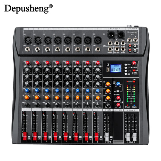 8 Channel Audio Mixer With Bluetooth USB PC Recording And 48V Phantom Power