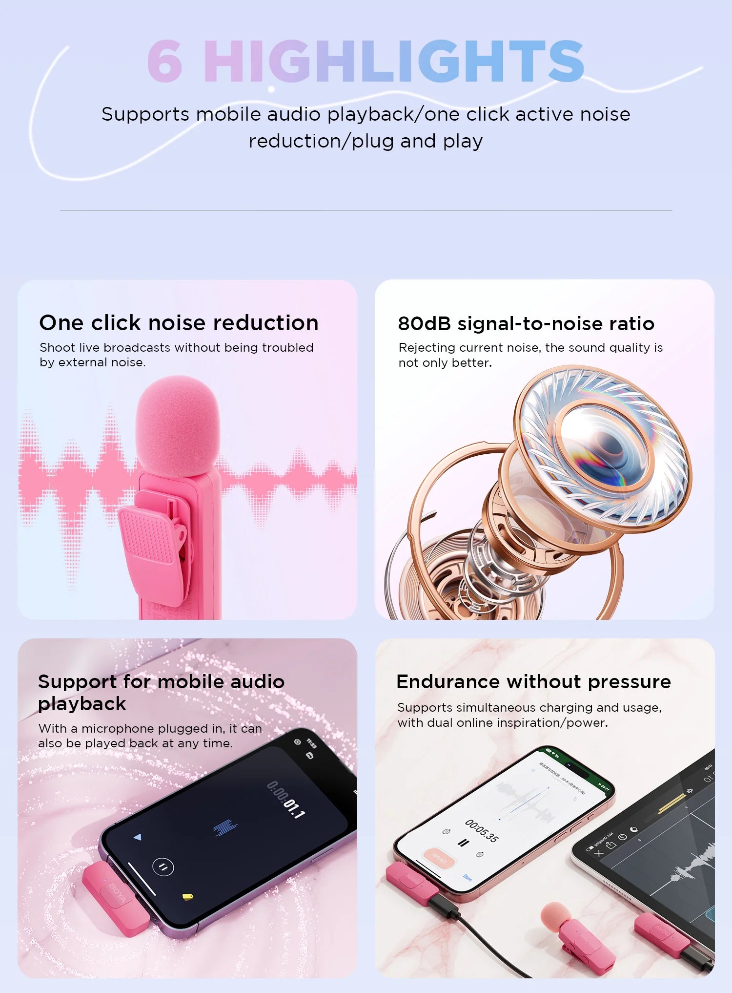 BY-V2-P Wireless Lavalier Microphone Portable Audio Video Recording Mini Mic for iPhone Android Vlog Gaming Phone Mic