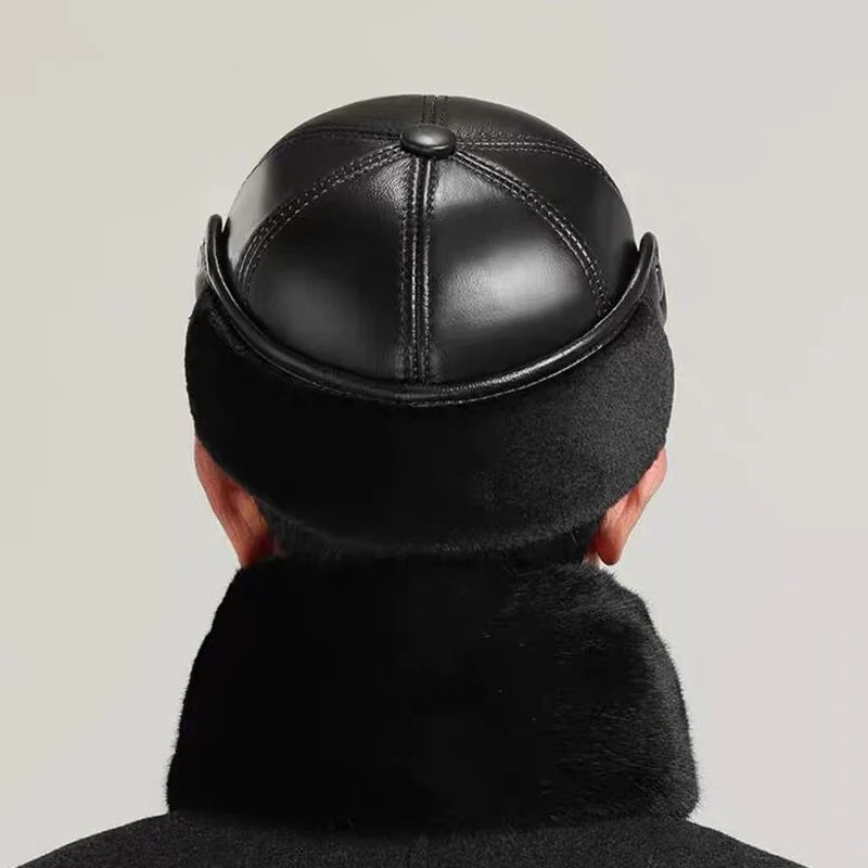 Winter Men's Hat Thicken Leather Cowskin Baseball Caps Bomber Hats With Ears Warm