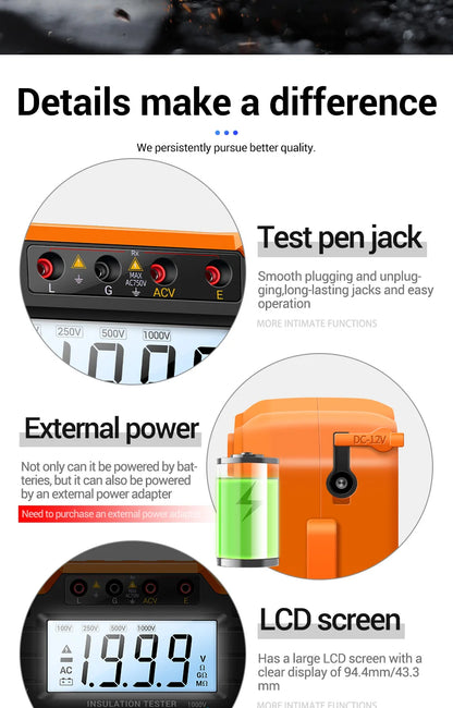 HD Digital Insulation Resistance Gauge Ohmer Testers 1000V Megometer Megohmmeter Ohm Test Auto Range Backlight Meters