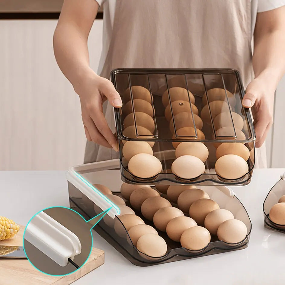 Automatic Rolling Egg Box Multi-Layer Rack Holder – Refrigerator Egg Storage Basket Kitchen Organizer
