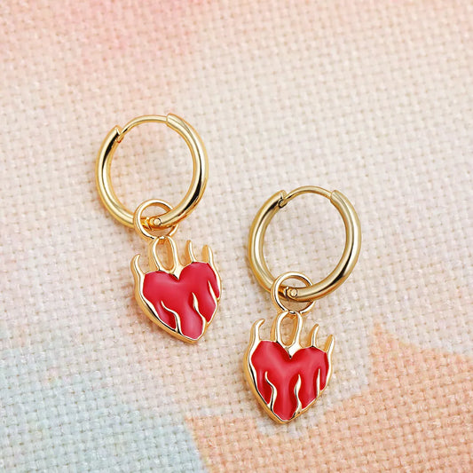 Hot Red Heart Pendant Charm Hoop Earrings