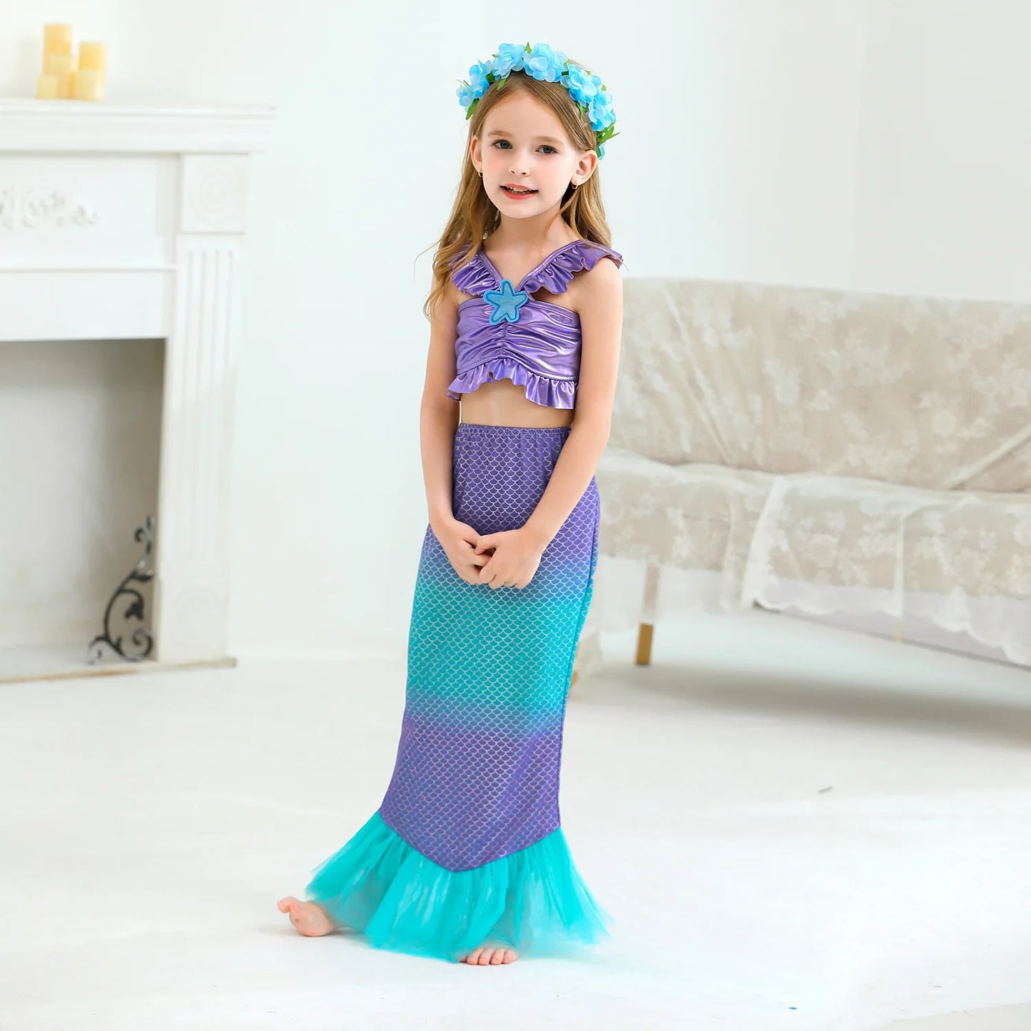 Mermaid Princess Dress Cosplay Party Costume Mid Calf Gown