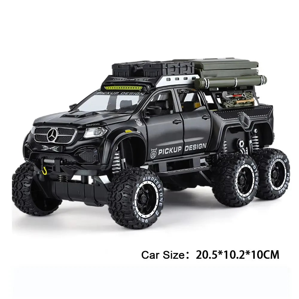1:28 Scale UNIMOG Motorhome X-Class 6x6 U5000 Car Model Toy Sound Light Pull Back Doors Opened Off-road Vehicle Models Boys Gift