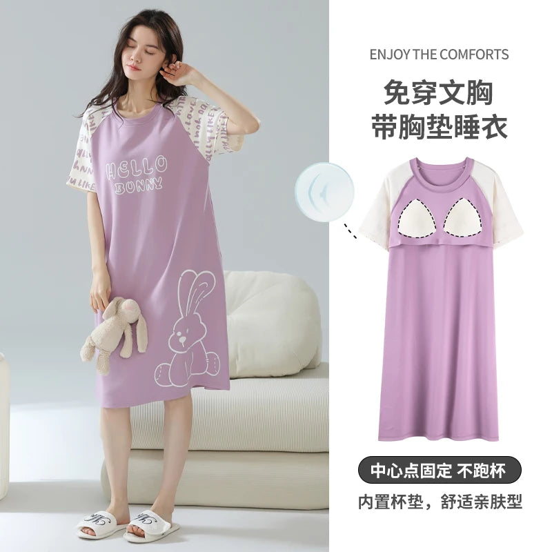 Women’s Cotton Nightgown – Korean Style Cute Print, Summer Short Sleeve Sleepwear Dress