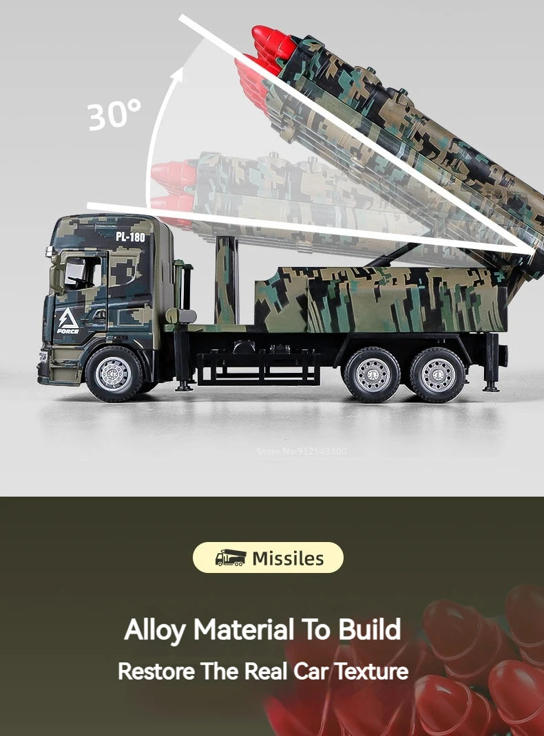 1/32 Missile Rocket Launcher Model Car Toy Metal Body Rubber Doors Opened Military Alloy Vehicle Models Ornaments Gifts for Boys