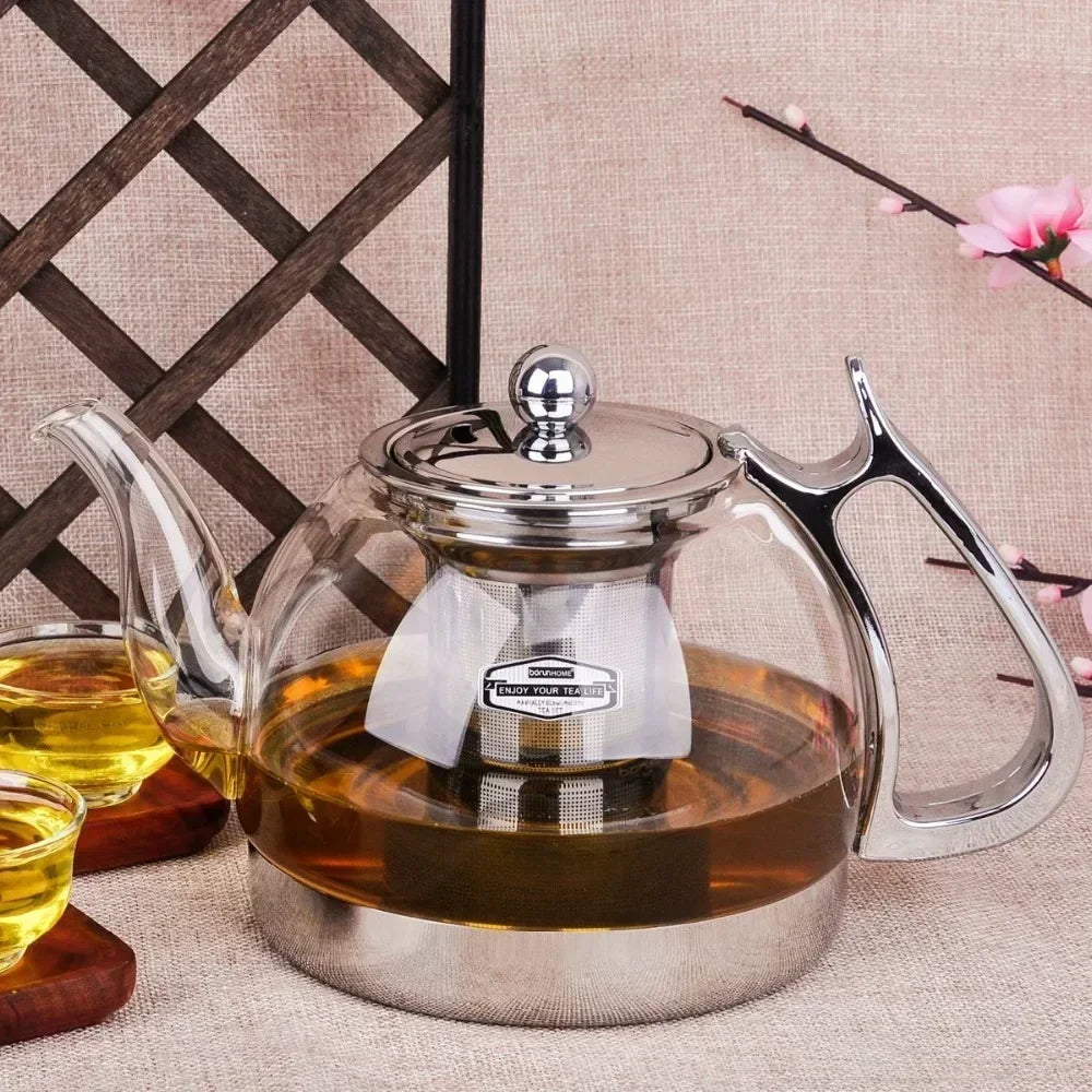 Heat Resistant Borosilicate Glass Teapot with Stainless Steel Infuser for Induction Cooker 1.2L