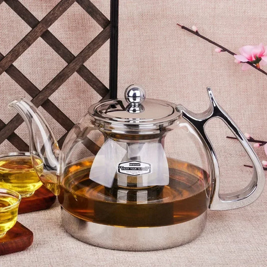 Heat Resistant Borosilicate Glass Teapot with Stainless Steel Infuser for Induction Cooker 1.2L