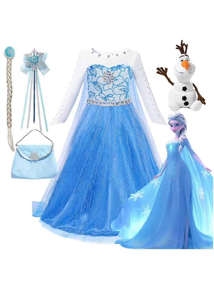 2-10Y Elsa Dress for Girl Disney Elsa Costume Snow Queen Dress for Cosplay Birthday Christmas Party Children Kids Frozen Costume