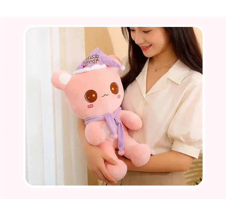 Cute Bear Plush Toy With Sleep Hat And Scarf Soft Pillow
