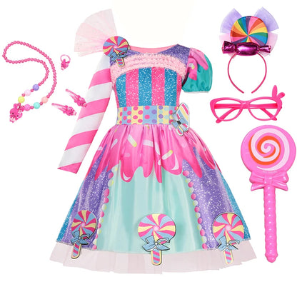 Girls Purim Festival Lollipop Costume Children Puff Sleeve Candy Costume Kids Sweet Lollipop Print Birthday Party Dresses