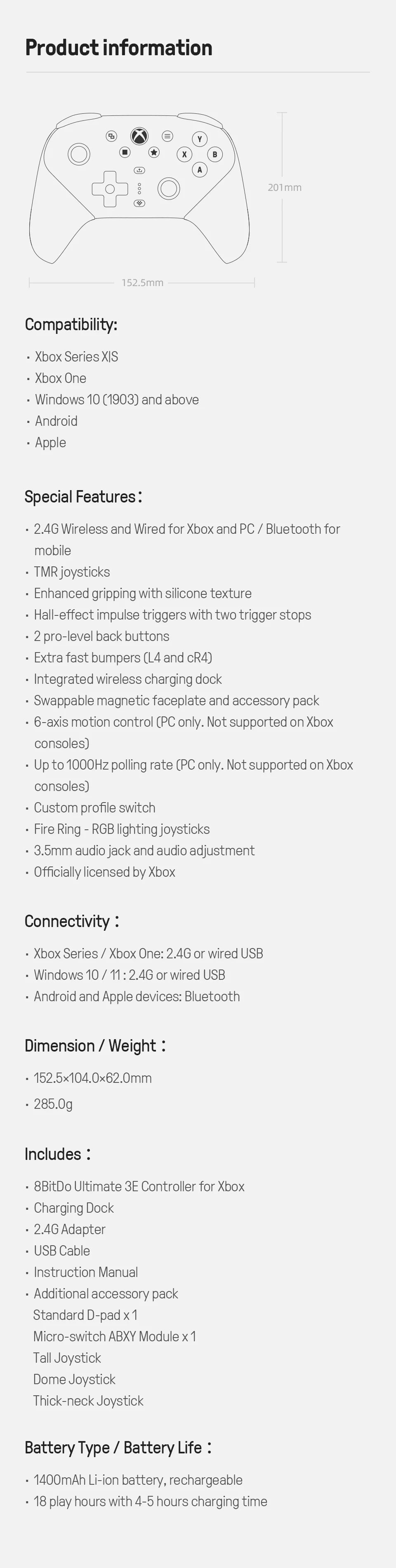 Wireless Gaming Controller with Swappable Parts and TMR Joysticks for Xbox and PC