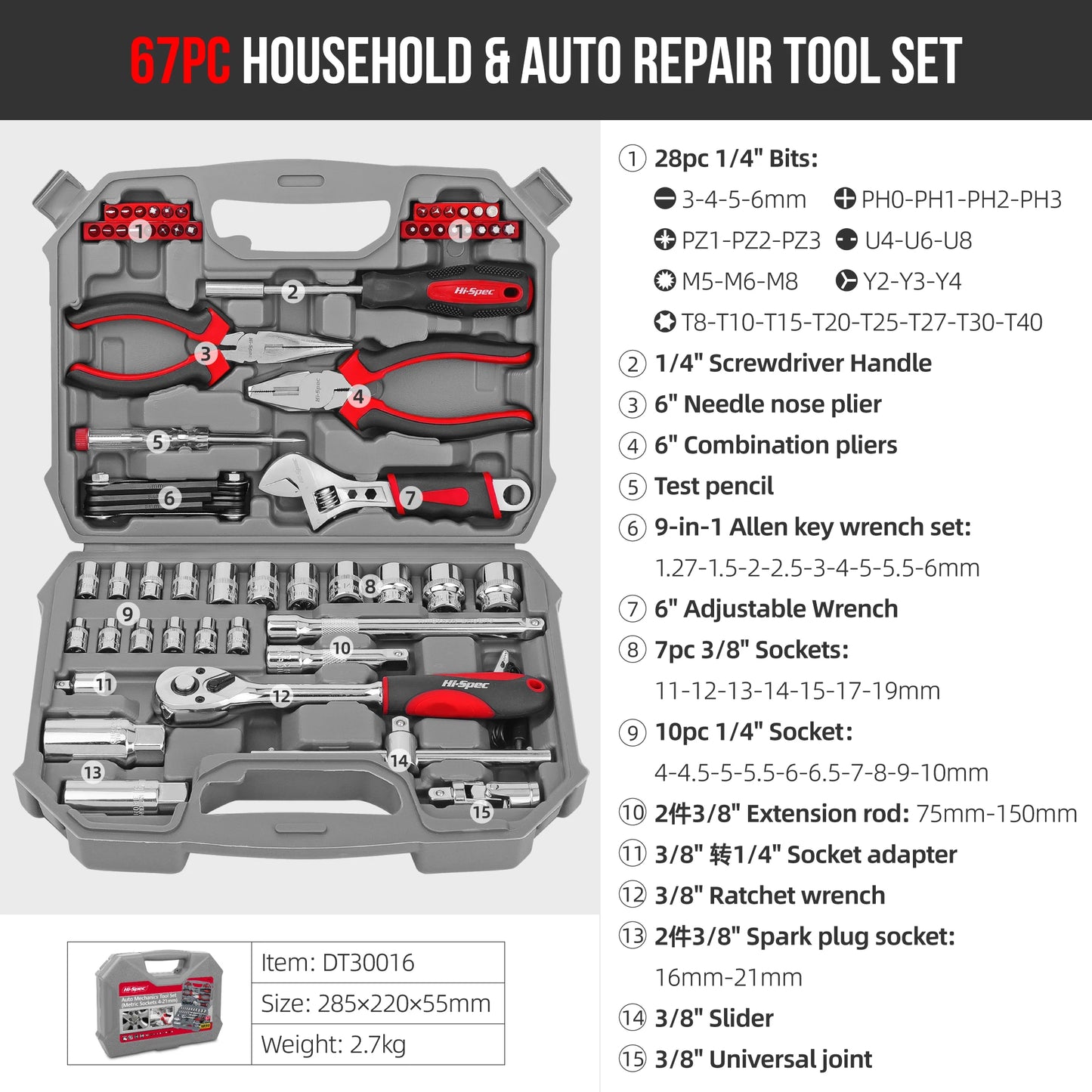 Hi-Spec Car Repair Tool Kit Socket Wrench Set 1/4 3/8 1/2 Ratchet Combination Tool Set for Home & Auto Maintenance