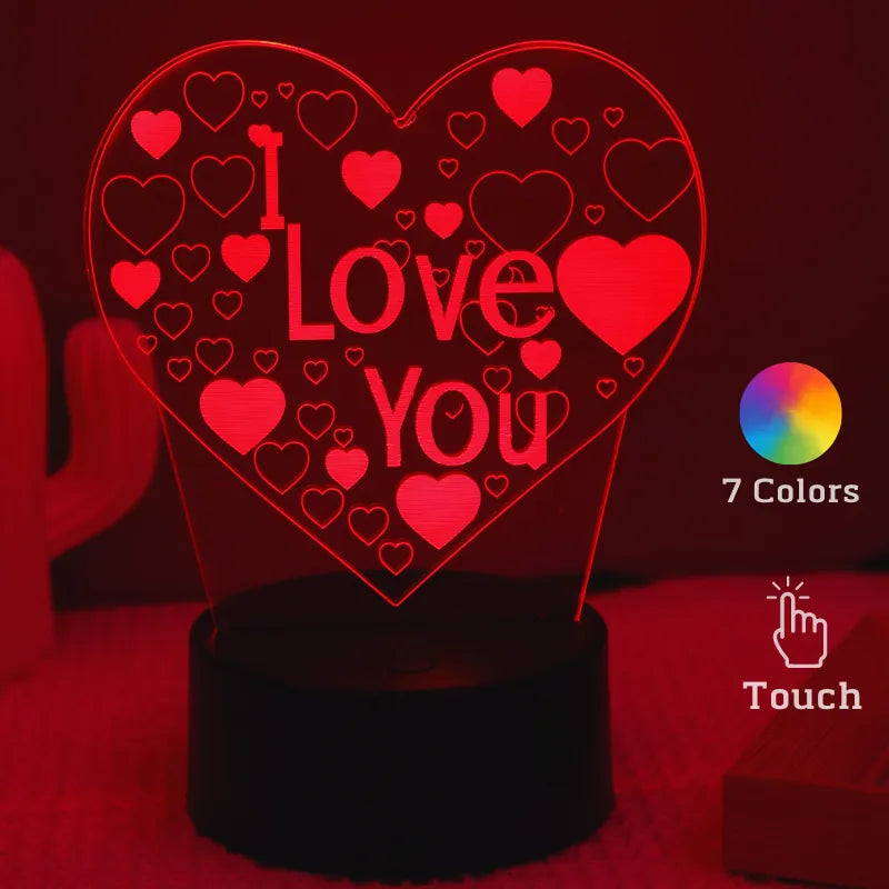 Heart 3D Acrylic Kids Bedside Table Lamp LED I Love You 7 Colors Touch Night Light