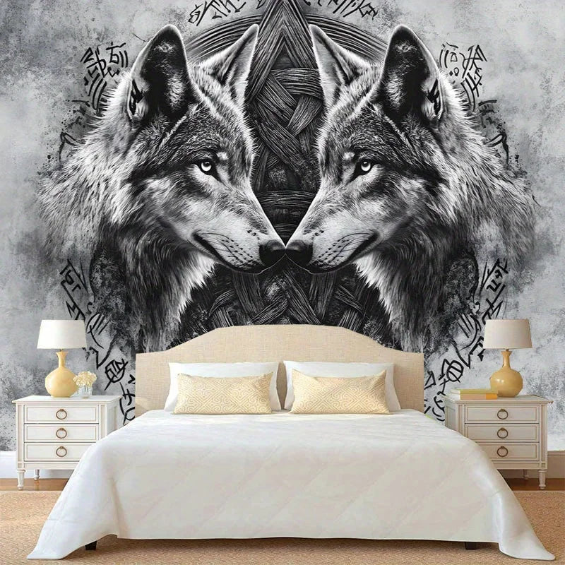 Dark Twin Wolf Totem Tapestry Mysterious Geometric Patterns Dark Style Bedroom Unique Living Room Feature Wall Decor