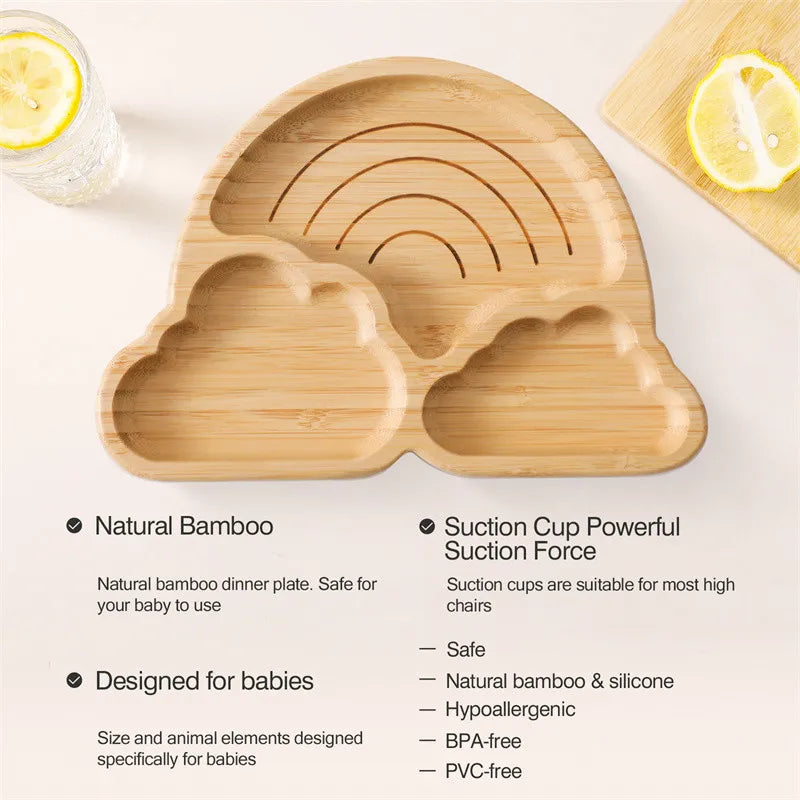 Baby Wooden Tableware Set Sun Bamboo Wooden Plate Bowl Silicone Suction Wooden Handle Fork Spoon for Newborn Feeding Supplies