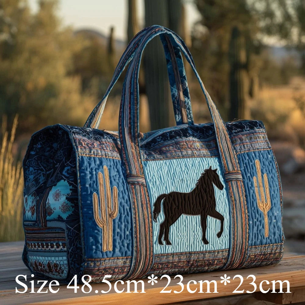 Western Style 3D Quilted Tote Bag Running Horse Cactus Boho Print Travel Purse Handmade Shoulder Bag Large Capacity Carry-On Bag