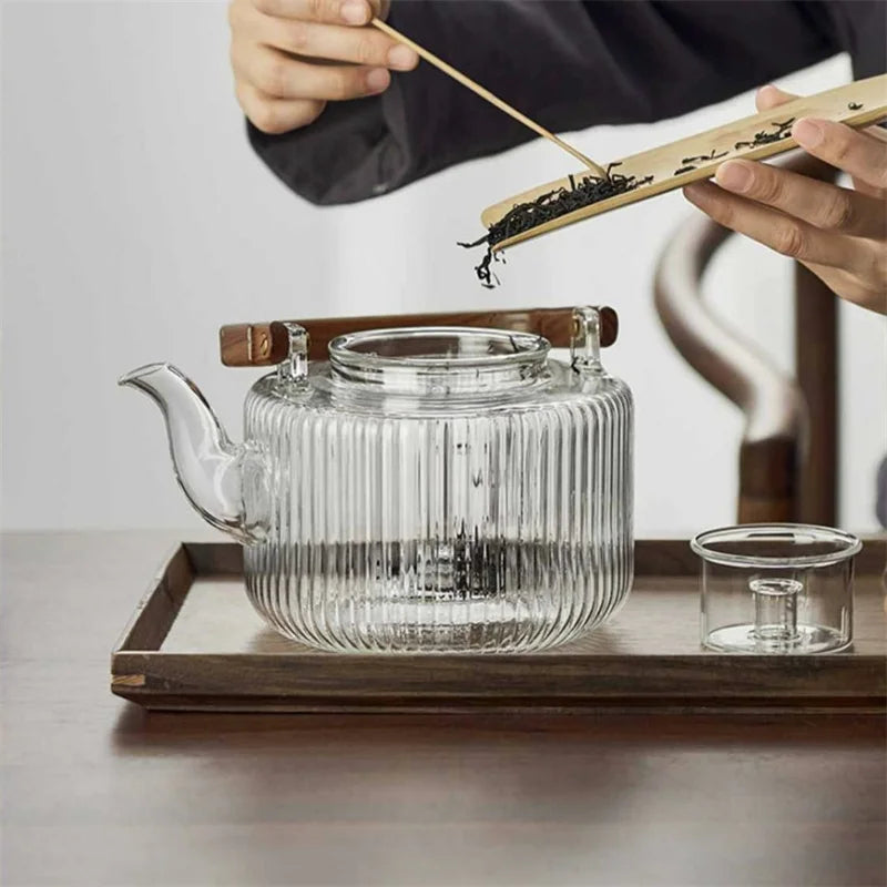 Large Capacity 1300ml Stripe Pattern Glass Teapot with Wooden Beam Handle