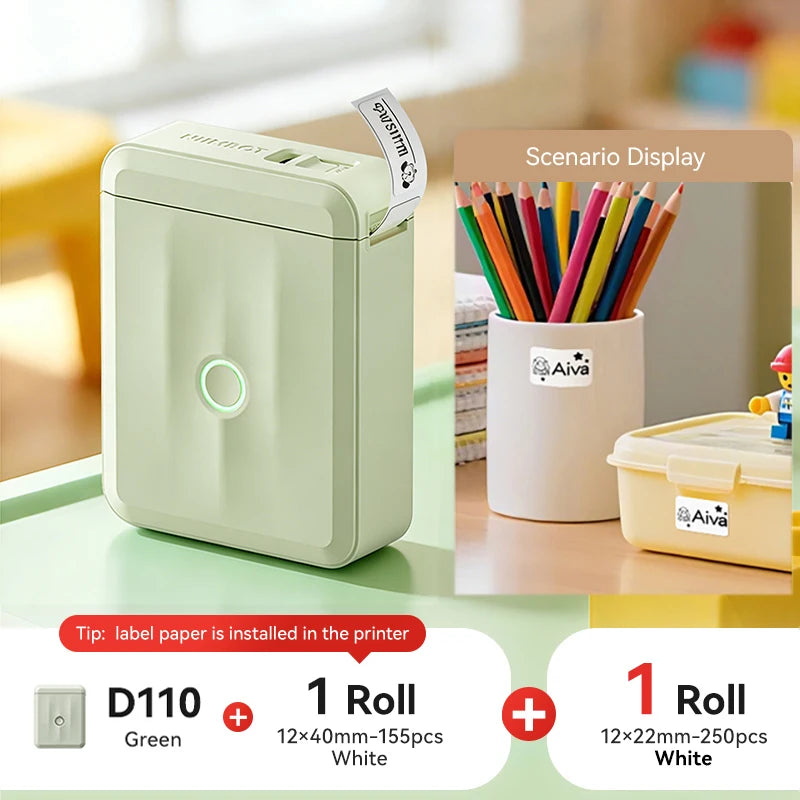 D110 Mini Portable Thermal Label Printer, Bluetooth Smart Label Maker with Adhesive Tape, Inkless 203 DPI for Home, Office & School