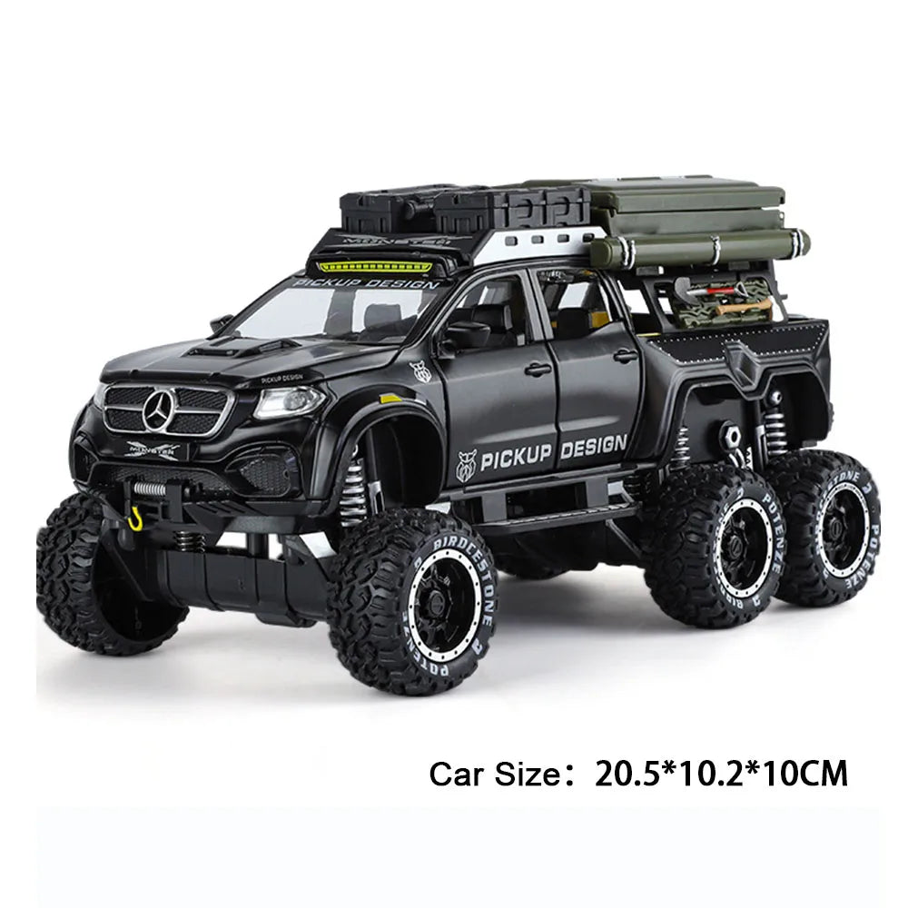 1:28 Scale X-Class 6x6 UNIMOG Motorhome Camping Car Model Toy Shock Absorption Sound Light Pull Back Off-road Vehicles Boys Gift