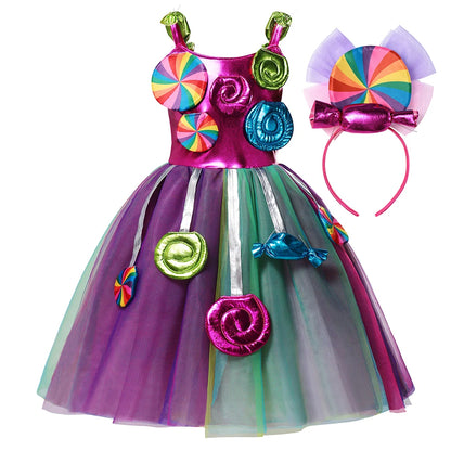 Purim Festival Lollipop Costume Girls Fairy Dress Fancy Carnival Birthday Fantasy Children Candy Rainbow Vestido Dress for Girls