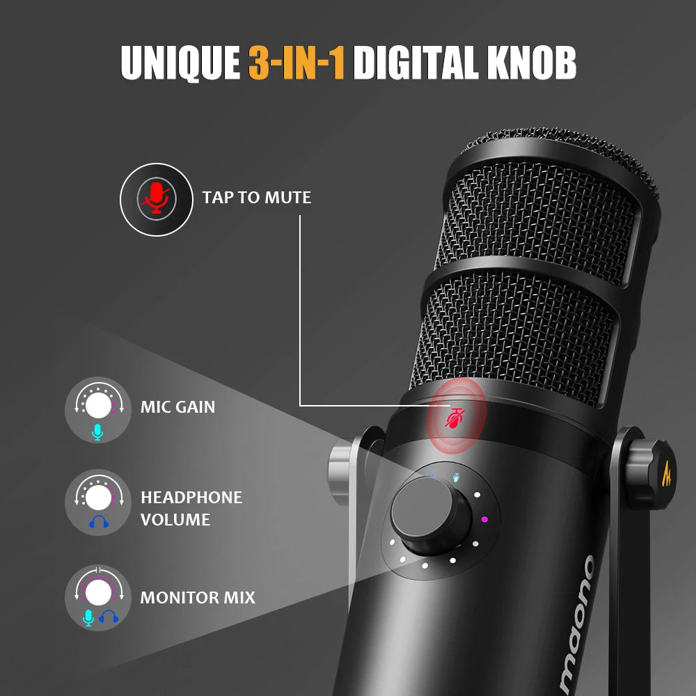 USB/XLR Dynamic Microphone All Metal With One-Touch Mute Headphone Jack And Volume Control For Podcasting Streaming PD400X