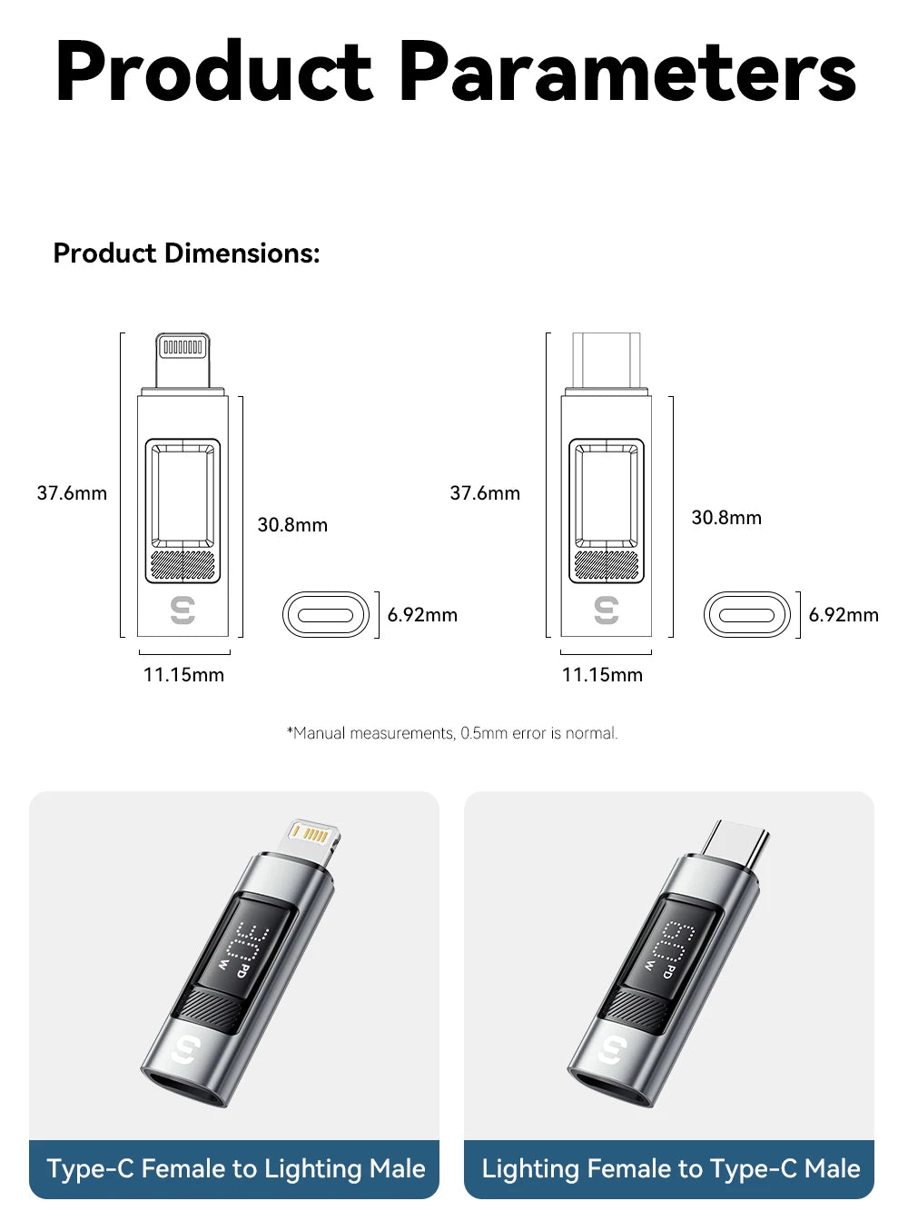 Type-C to Lightning OTG Adapter with Digital Display (PD 60W Fast Charging)