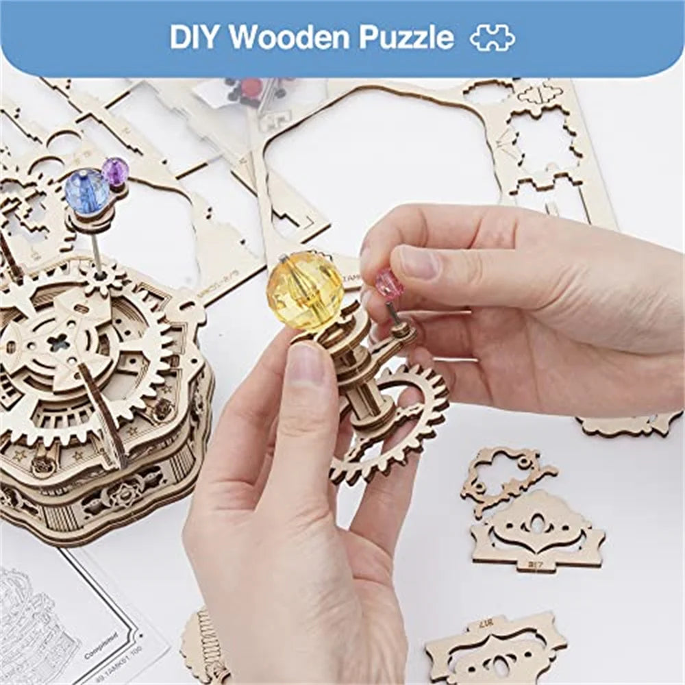 Starry Night Mechanical Music Box 3D Wooden Puzzle Assembly Model Building Craft Kits