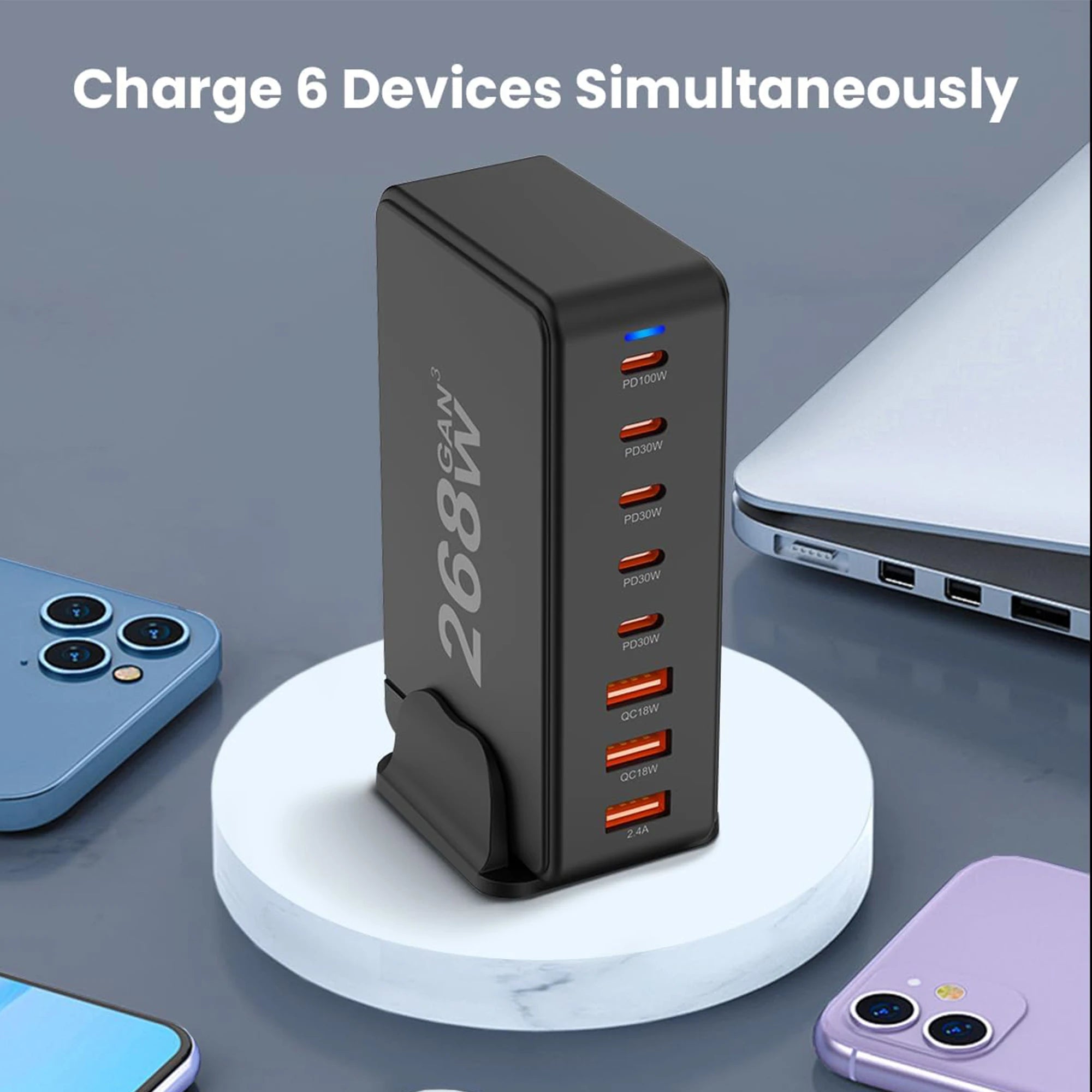 268W USB C Charger, Portable Travel 3rd GaN Charger, 8-Port Fast Charging Station, Multi Port USB Charger, PD100W Laptop Charger
