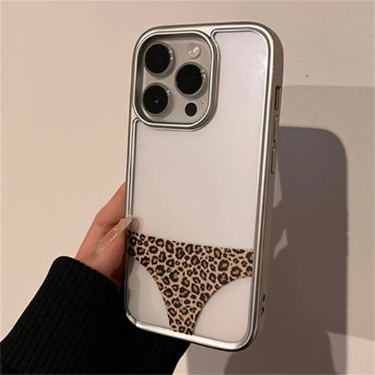 Funny Leopard Prints Panties Clear Phone Case For iPhone 16 15 13 14 Pro Max INS Creative Plating Frame Soft Silicone Cover