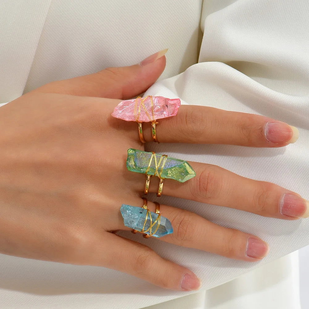 Pink Clear Crystal Irregular Polygon Rings for Women Men Gold Color Wire Wrapped Natural Stone Open Rings