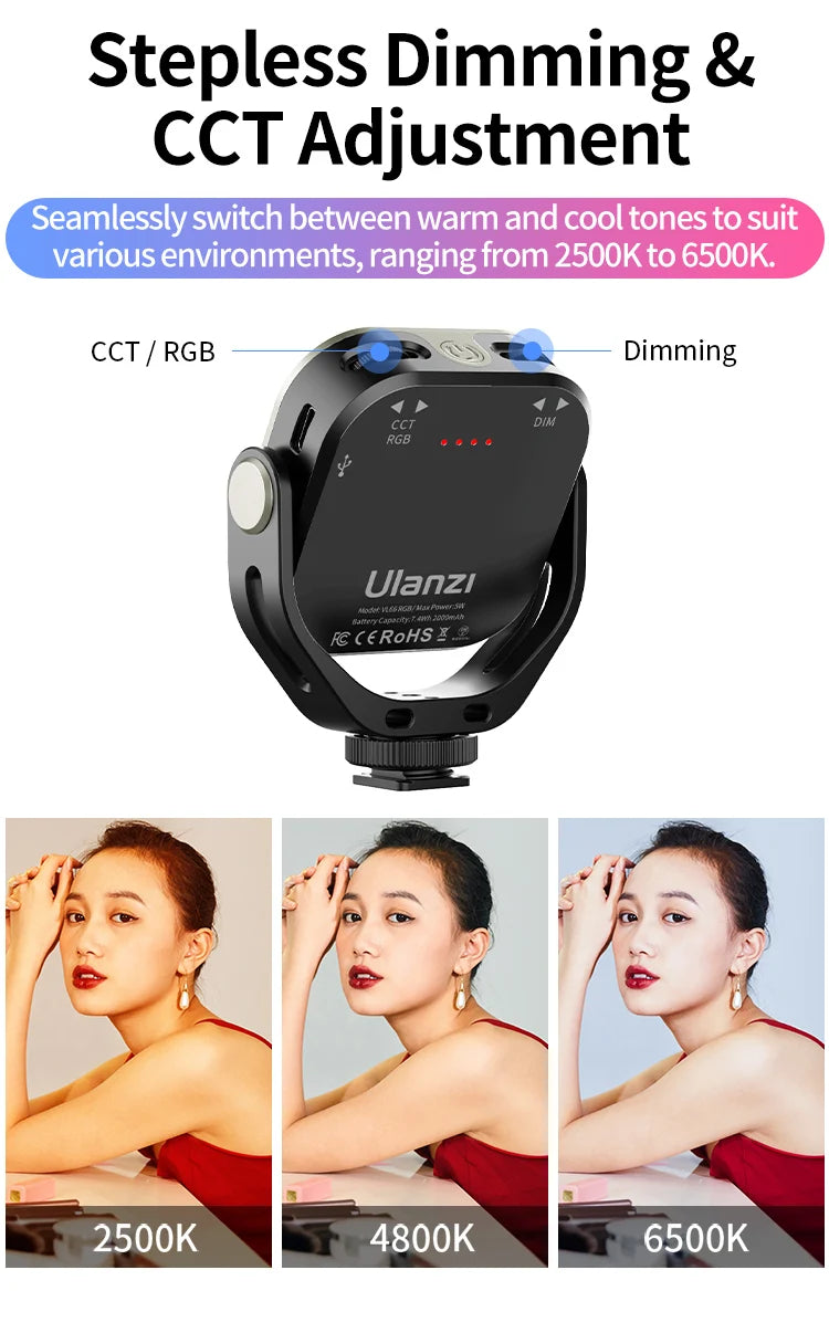 VL66 RGB Video Light – 360° Rotatable Bi-Color 2500-6500K CRI95+ Rechargeable Fill Light for DSLR, SLR & Smartphones