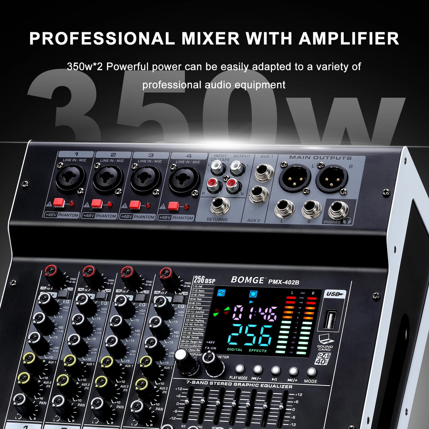 Professional 4 Channel Audio Mixer with Bluetooth and 256 Reverb Effects