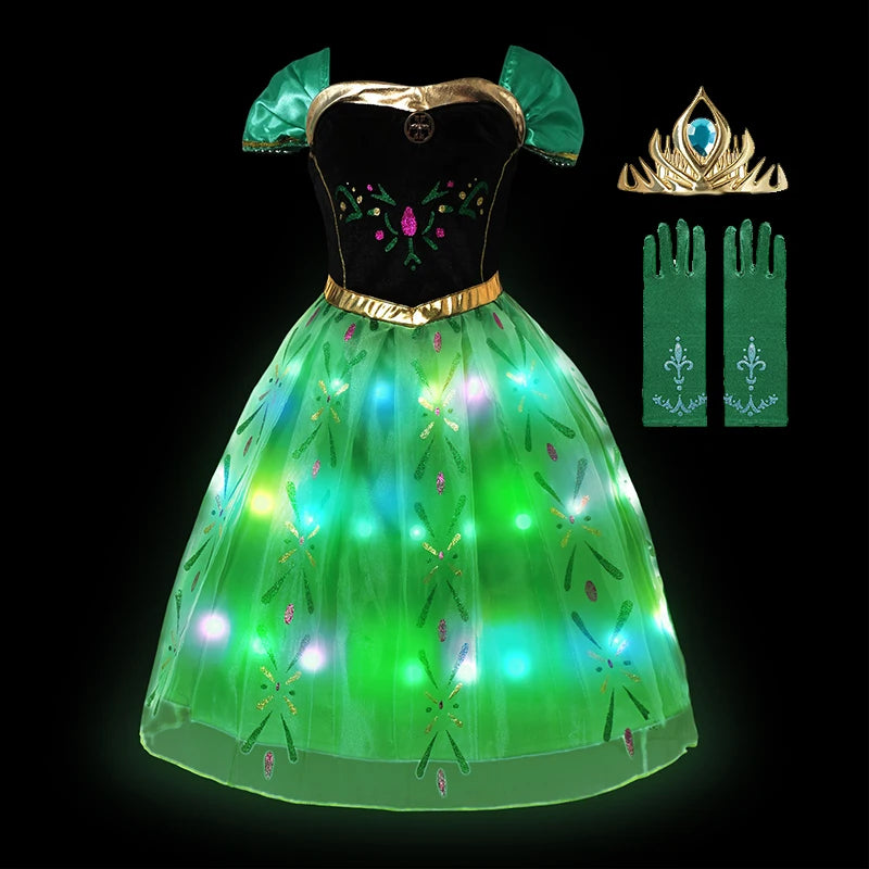 2-10Y Led Light Frozen Anna Princess Dress Girl Fancy Christmas New Year Birthday Carnival Party Gown 2024 Children Led Clothing