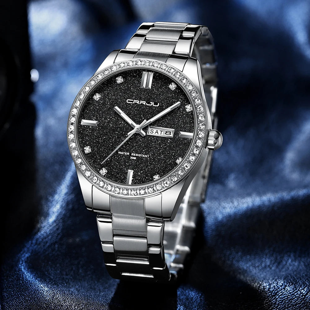 New Luxury Rhinestones Dial Watches with Stainless Steel Band Wristwatch with Auto Date and Luminous Relogio Masculino