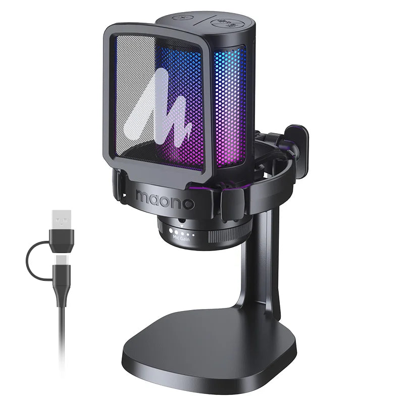 DGM20 Gaming Microphone,USB Microphone Condenser Mic RGB Gaming Mic with Noise reduction software,Mic Gain,One Key Mute