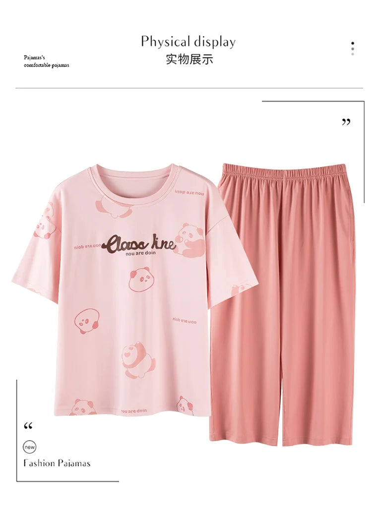 2-Pcs Women’s Summer Cotton Pajama Set – Breathable Short Sleeve Sleepwear with Cute Prints