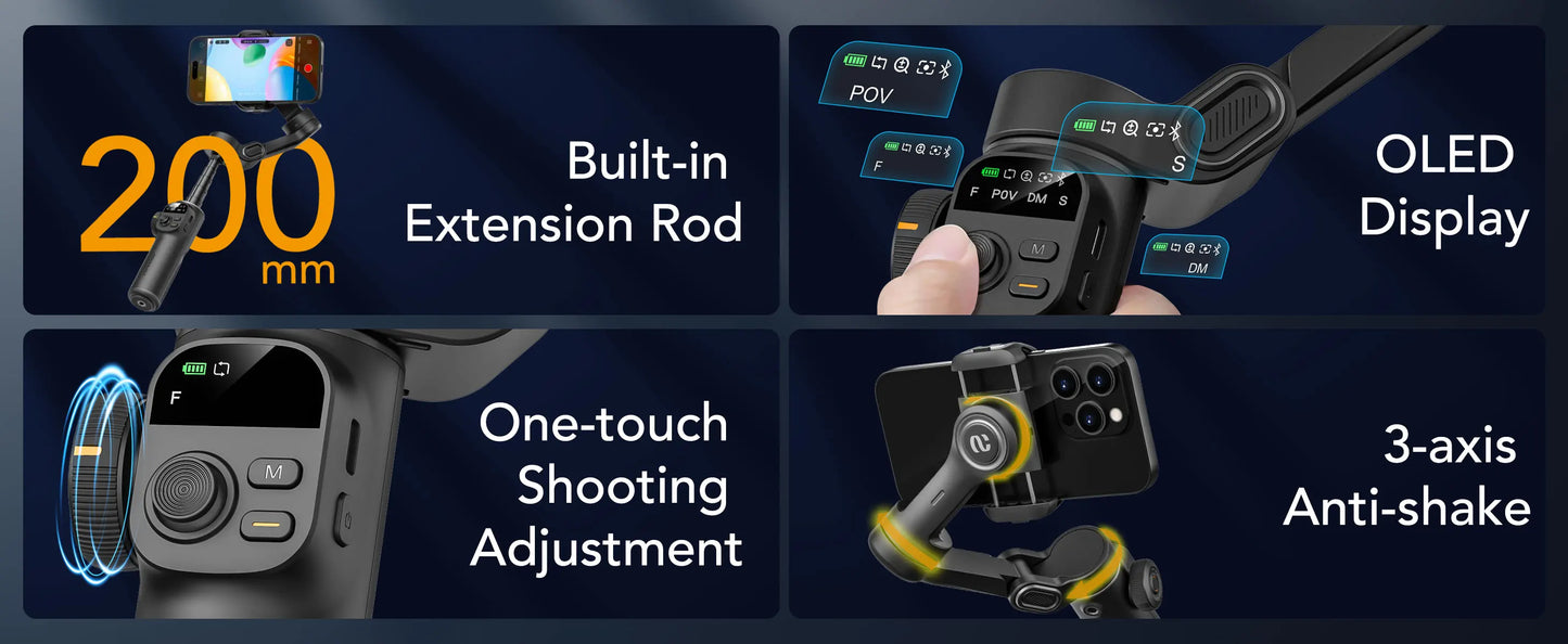 Smart X2 Black 3-Axis Handheld Gimbal Stabilizer With Extension Rod For iPhone And Android Smartphone Gimbal Stabilizer