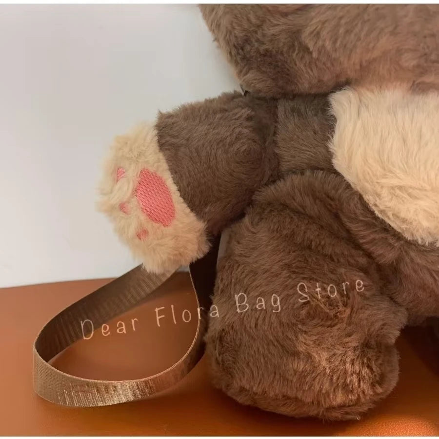 Y2K Cute Brown Bear Plush Backpack Soft Shoulder Bag