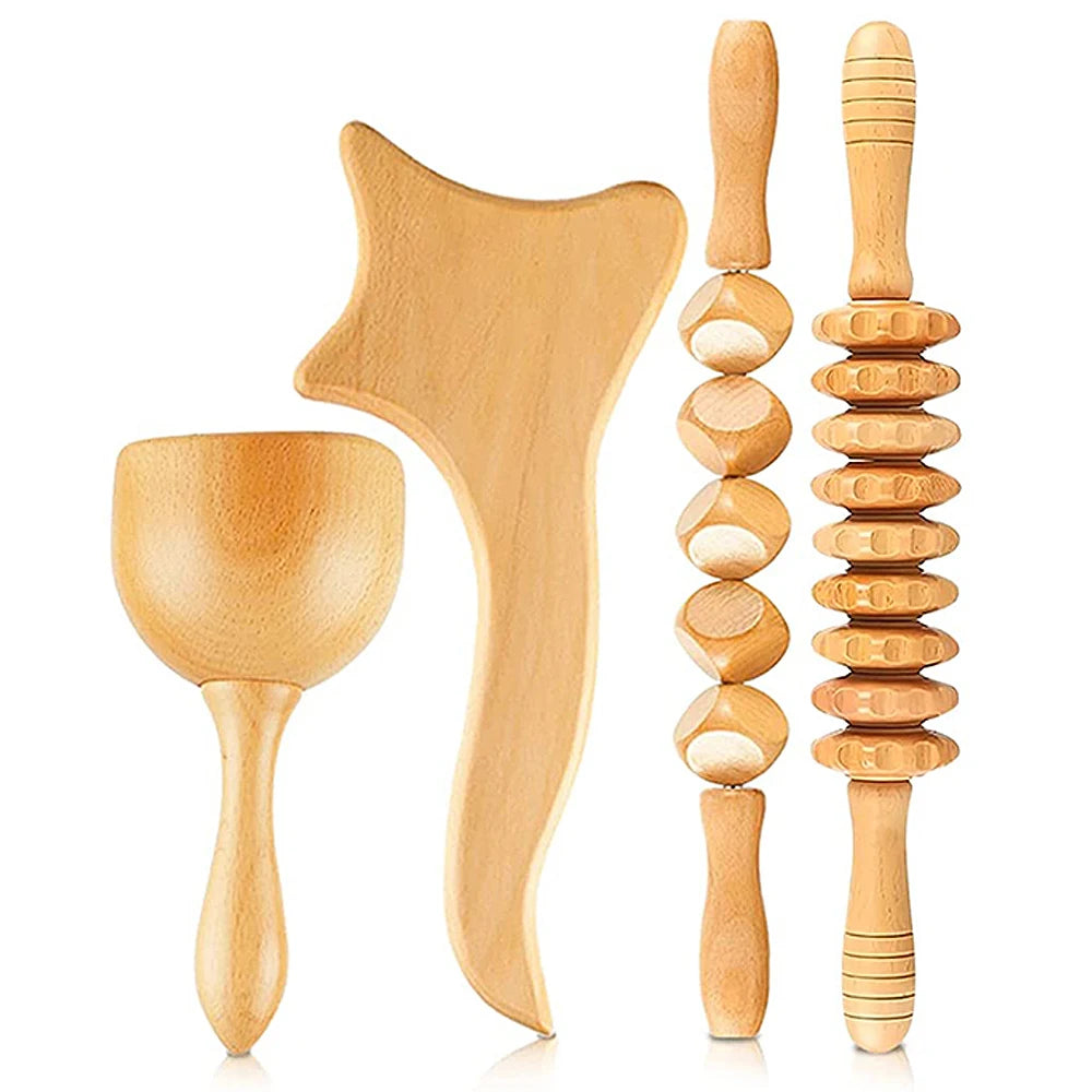 4 In 1 Wooden Therapy Massage Tools Anti Cellulite Massager Muscle Pain Relief Wooden Kit for Body Shaping & Sculpting