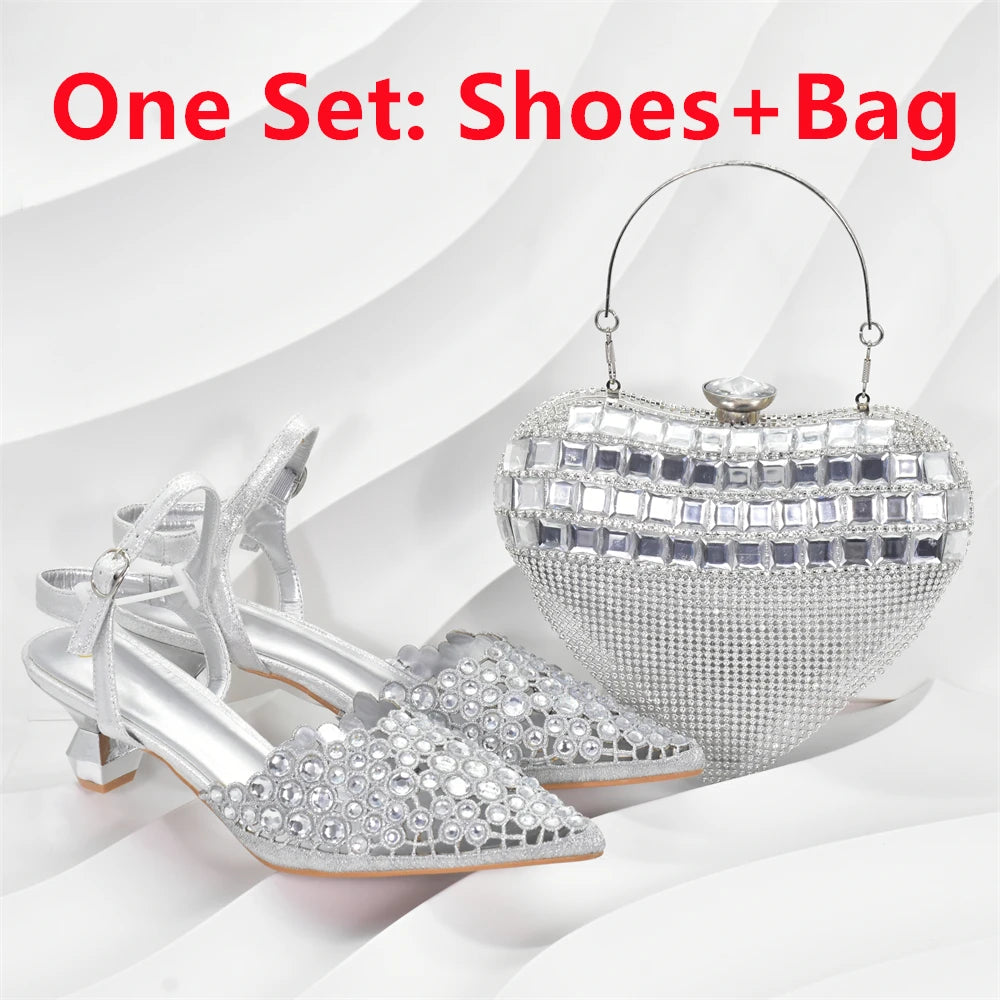Italian Shoes and Bags Matching Set Rhinestones African Pointed Toe Women High Heel Evening Party Pumps Wedding Shoes Bride