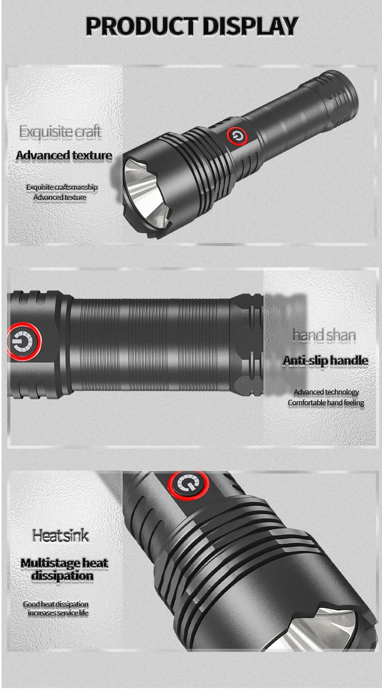 High Intensity LED Flashlight Type-C Rechargeable Fixed Focus Aluminum Torch Outdoor Ultra Bright